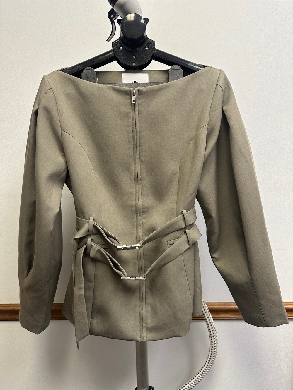 Tailored Olive Green Women's Blazer with Double Buckle Waist Detail